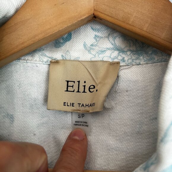 Elie Tahari Womens Denim Cropped Floral Printed Jean Jacket SMALL White - Picture 7 of 10